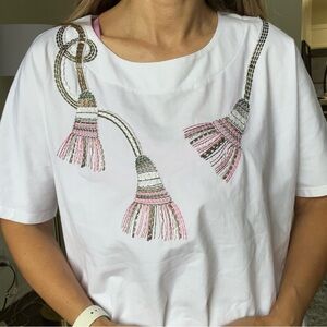 Leo & Ugo Paris White Pink Round Neck Embellished Women's Top Cap Sleeve Shirt L